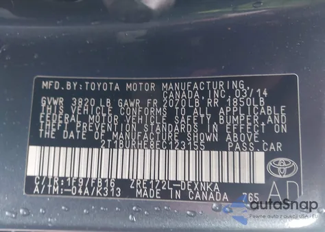 2014 Toyota Corolla Le Plus из США, поврежденный, VIN 2T1BURHE8EC123155